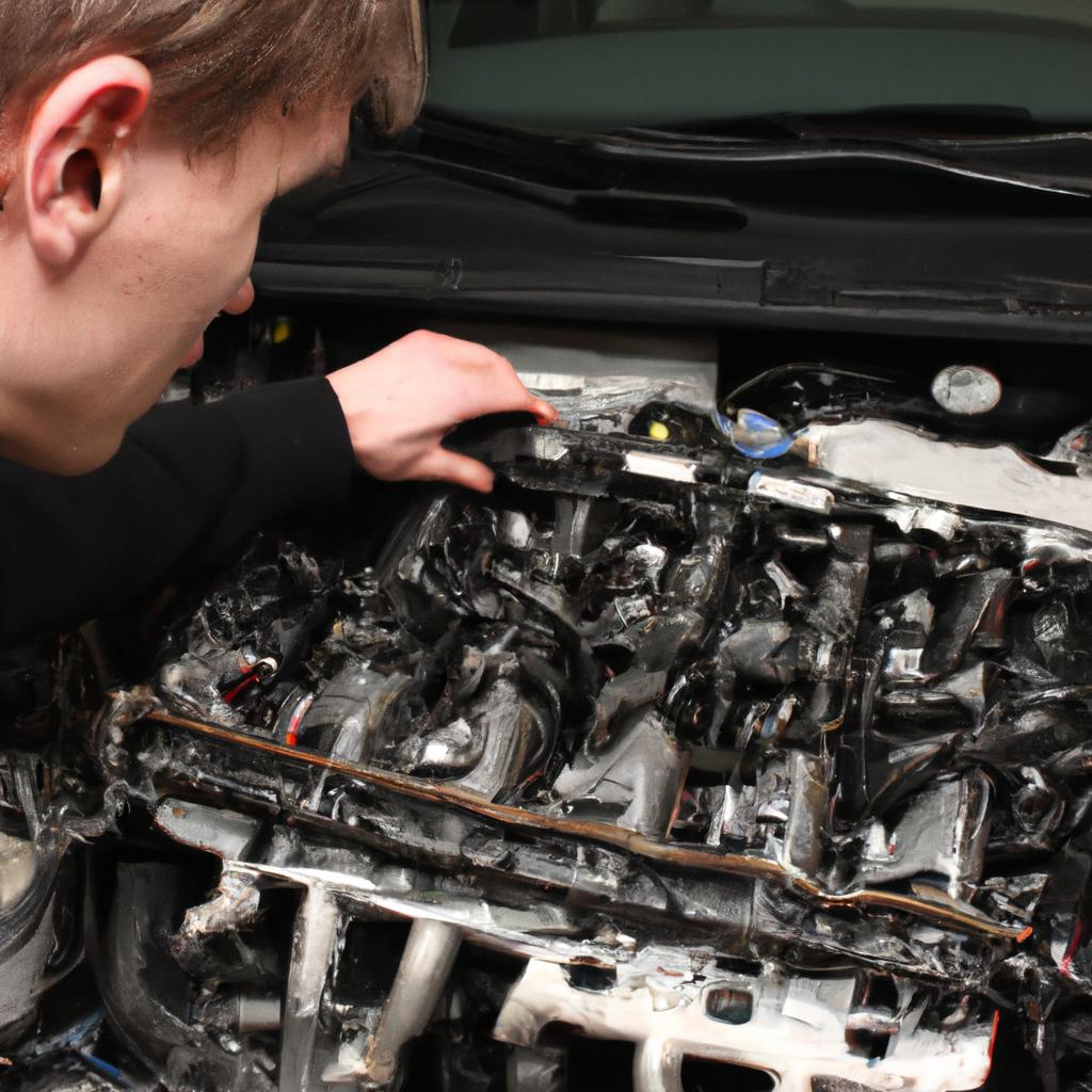 Person inspecting car engine parts