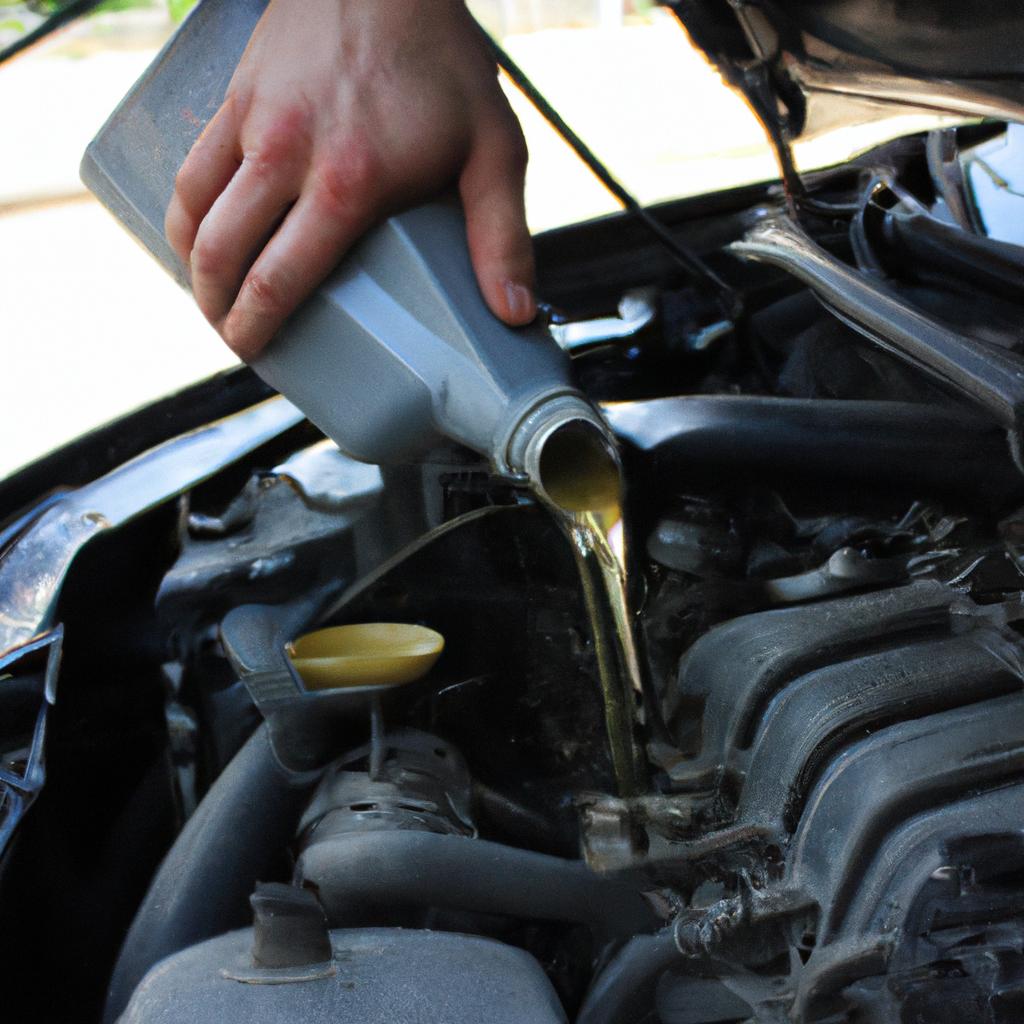 Person pouring oil into engine