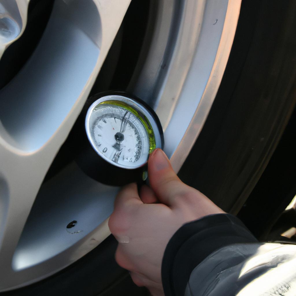 Person inspecting car tire pressure